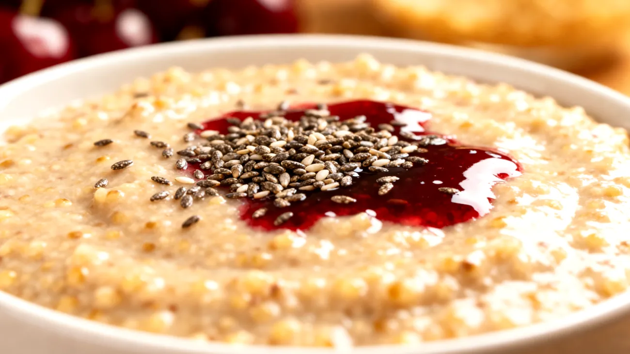 Amaranth-Quinoa-Pudding mit Chiasamen und Kirschtart-Saft"