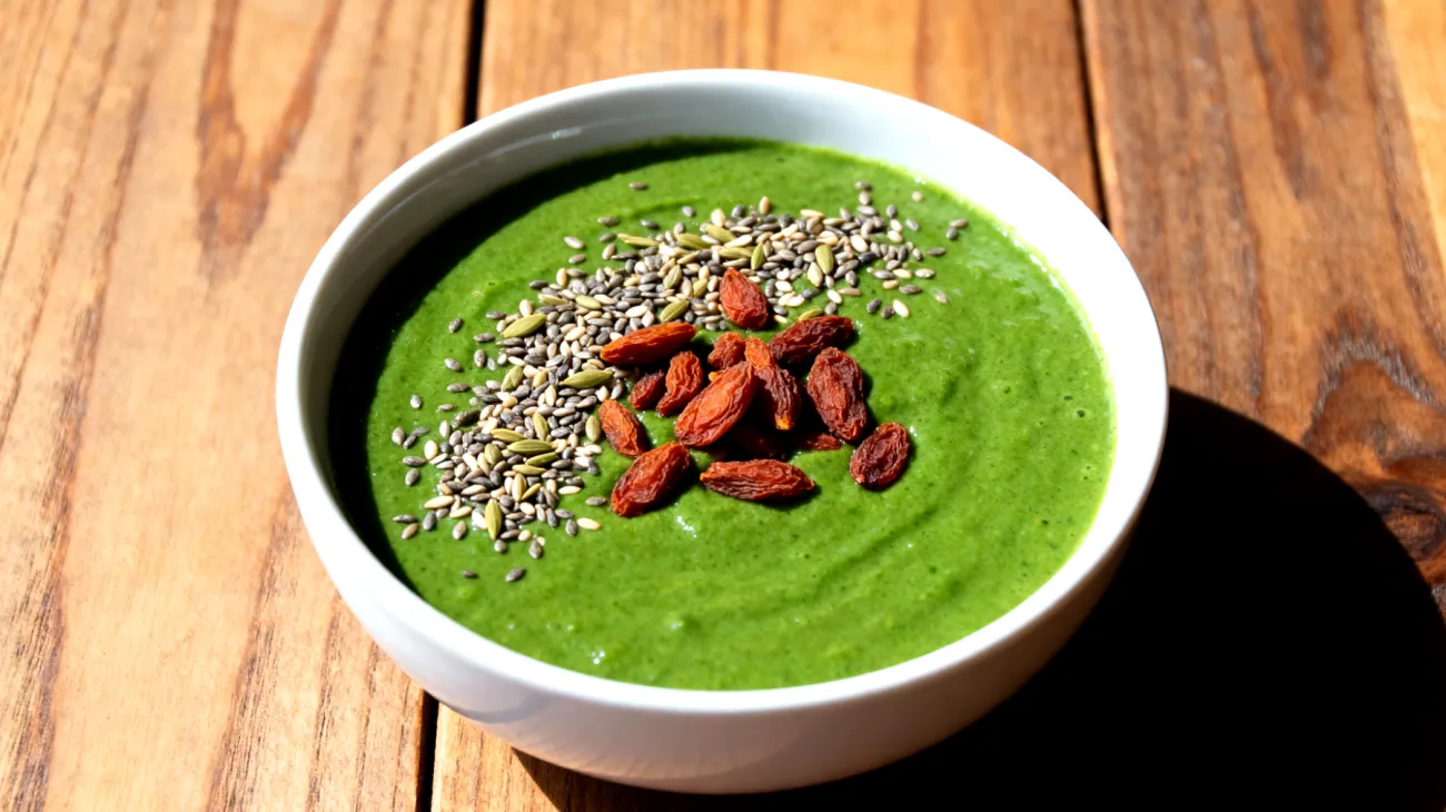 Chlorella-Spirulina Smoothie Bowl mit Hanfsamen und Goji-Beeren"